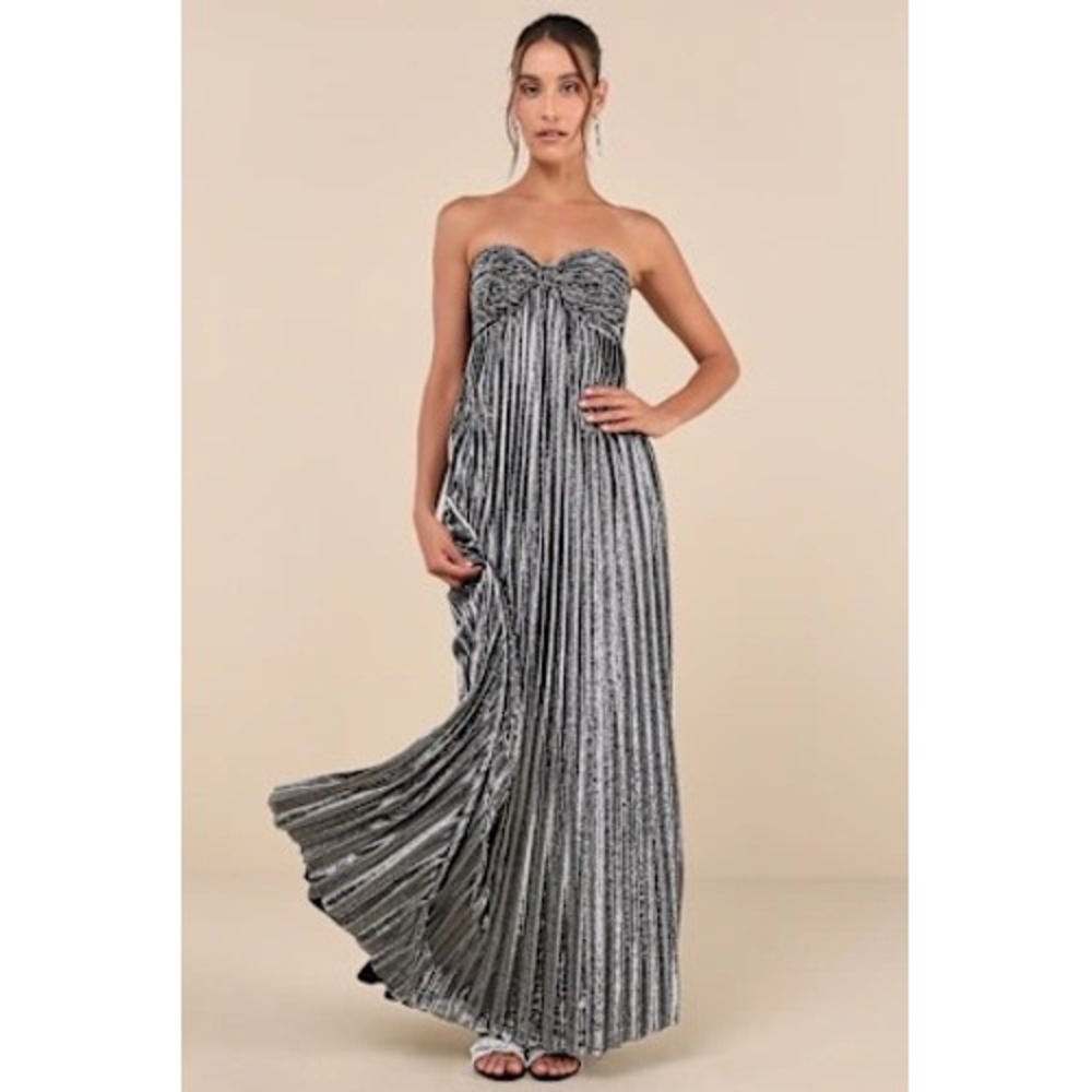 Lulus Gleaming Glamour Silver Metallic Pleated Strapless Maxi Dress XL NWT